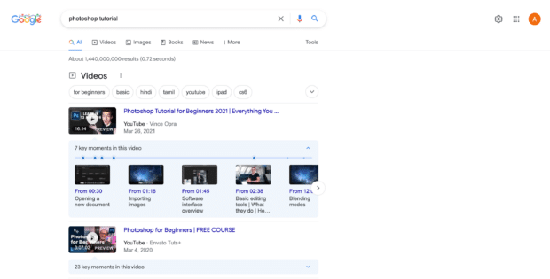 Google search results for "photoshop tutorial" with video results at the top of the page