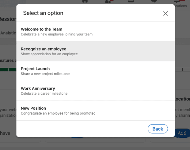 LinkedIn Kudos feature recognize an employee