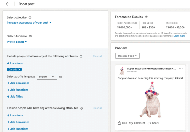 impulsionar a postagem selecionando objetivo e público