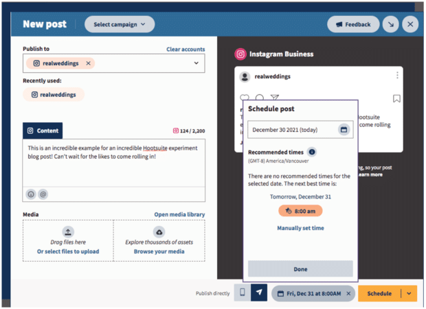 Hootsuite Compose schedule post using recommended times