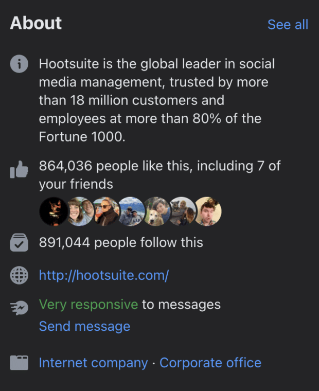 Hootsuite About section on the Facebook page