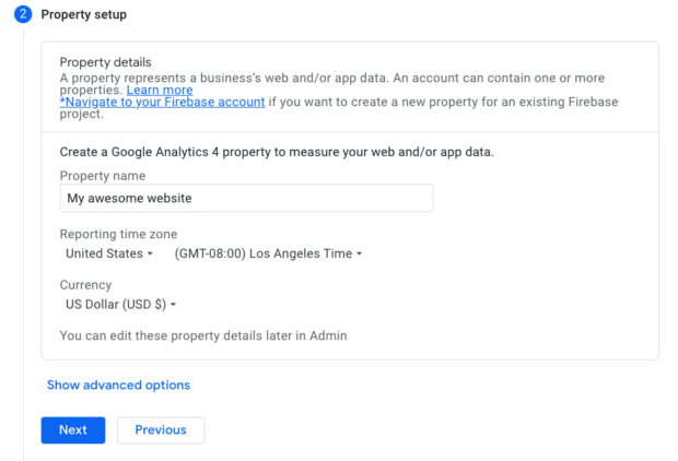 property set up including property name reporting time zone and currency