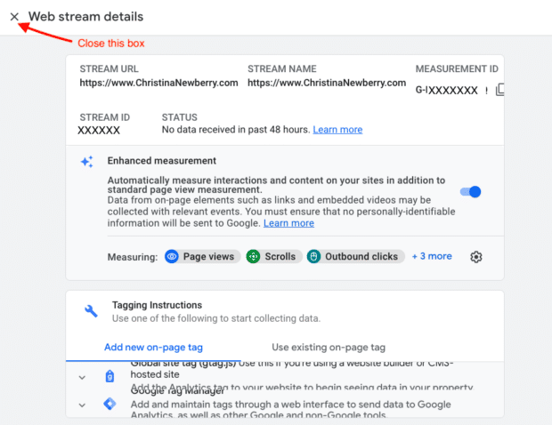 web stream details including enhanced measurements and tagging instructions