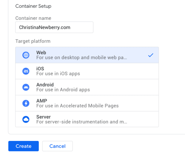 Container Setup with container name and target platform