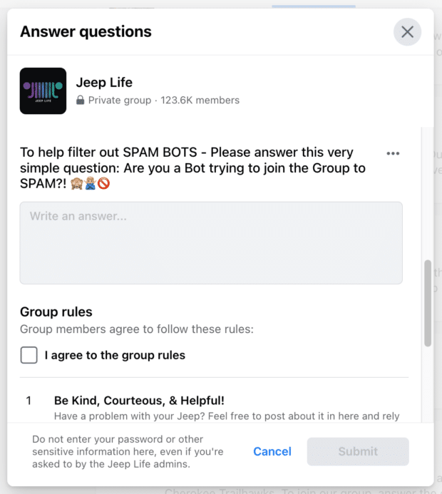 admittance questions for a facebook group