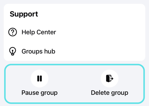 Pause group and Delete group options in Facebook