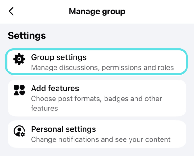 Group settings button in Facebook
