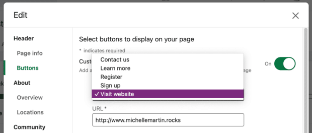 Select custom buttons to display on page