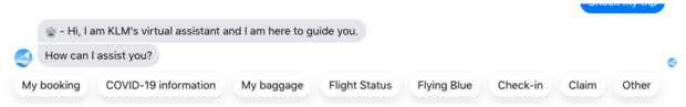 KLM conversation options including COVID-19 information baggage and flight status