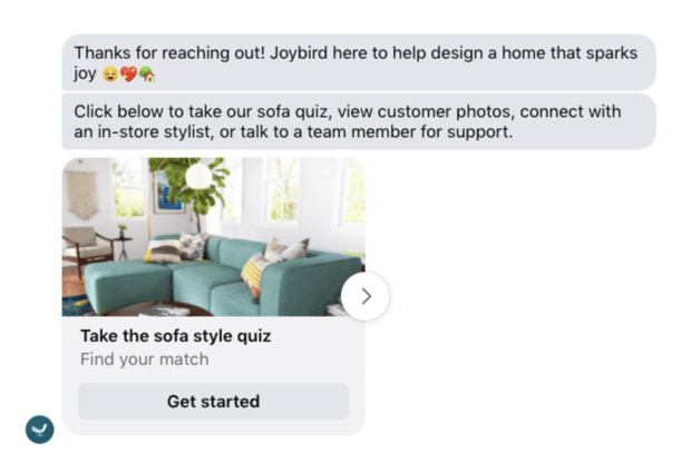 Quiz style canapé Joybird sur Facebook Messenger