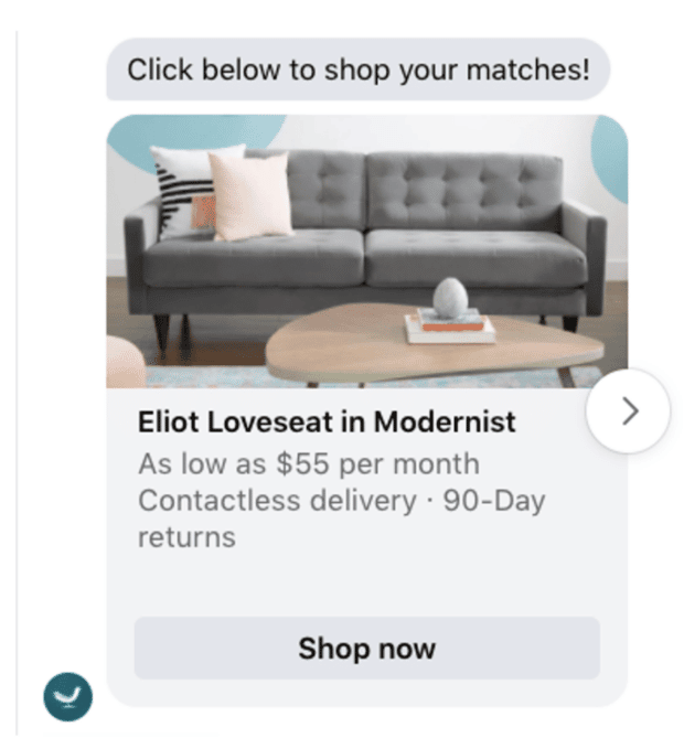 Joybird messenger bot shows a product listing