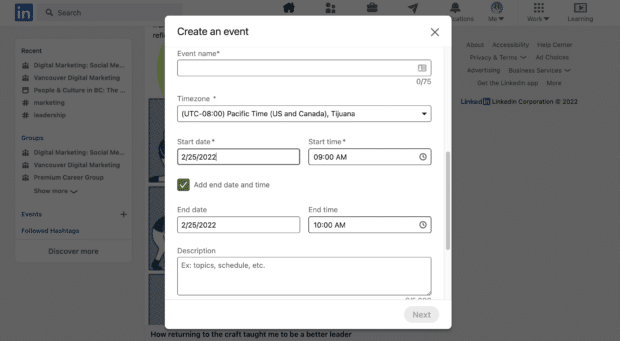 create event including name time zone start date and end date