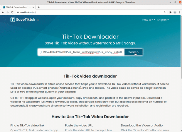 SaveTikTok browser tool interface