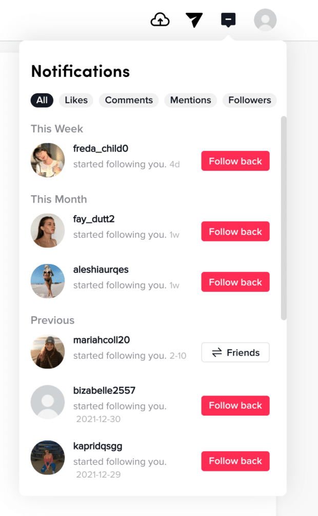 notifications of TikTok on computer desktop