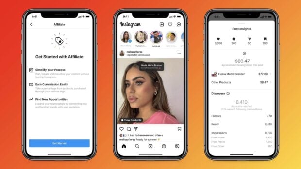 Instagram affiliate program preview across 3 screenshots