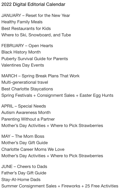 Charlotte Parent magazine's editorial calendar listing big events and themes for every month