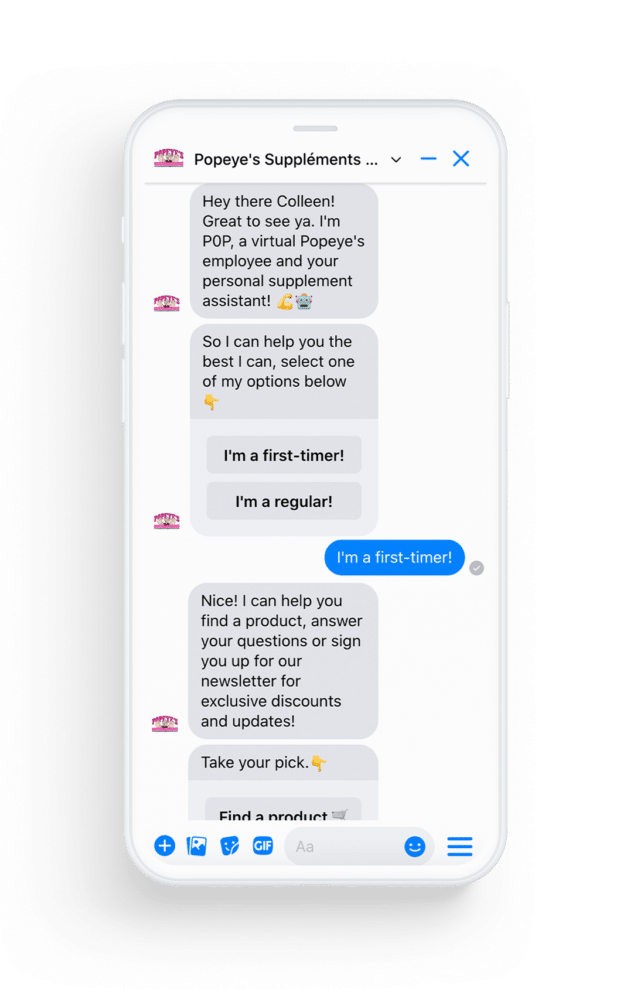 Chatbot Popeye's Supplements pour les nouveaux clients et les clients fidèles