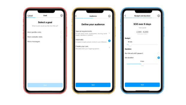 goal, audience targeting, and budget options for instagram boost