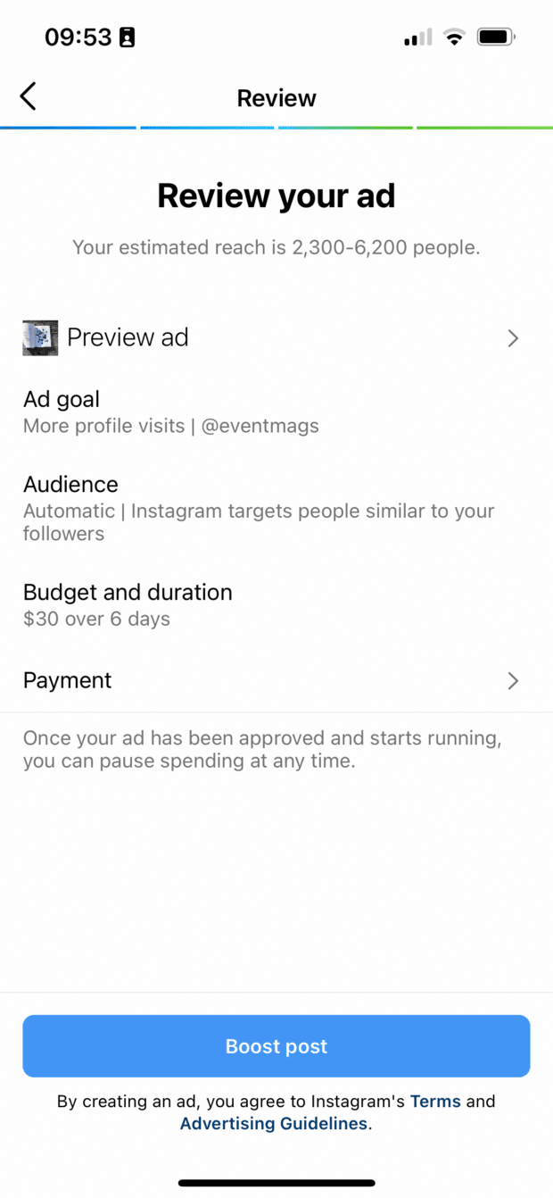 review your ad prompt when promoting instagram post