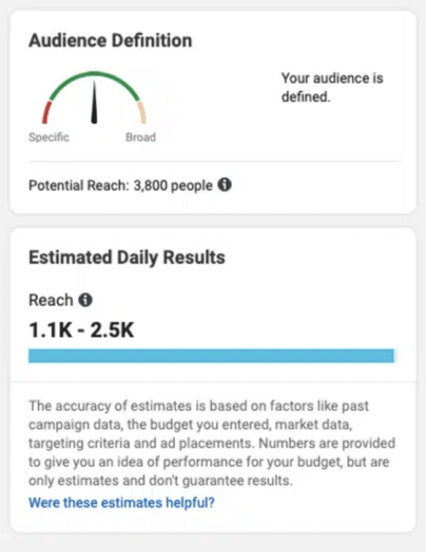 audience definition and estimated daily results metrics 