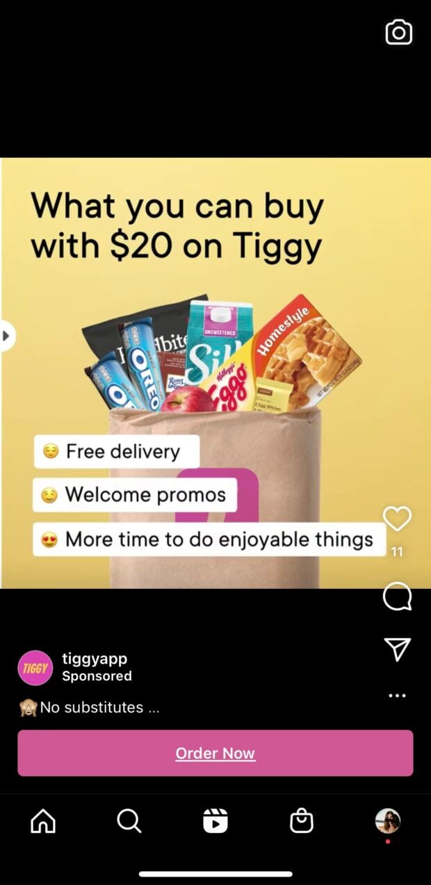 instagram reel ad for tiggy grocery delivery