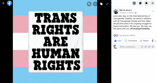 Mensaje “Los derechos trans son derechos humanos” de Ben & Jerry’s