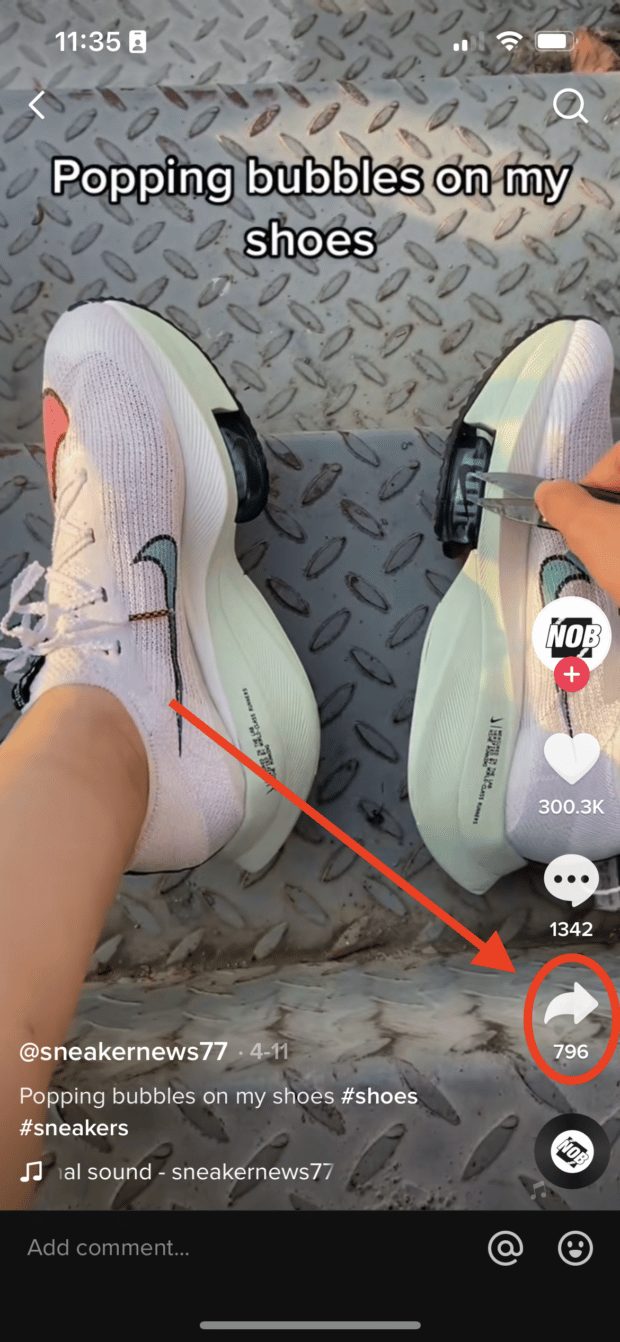screenshot showing share button on bottom right of tiktok post
