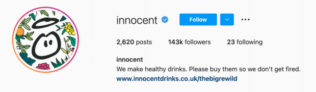 Biografía de Instagram de Innocent, productor de bebidas saludables