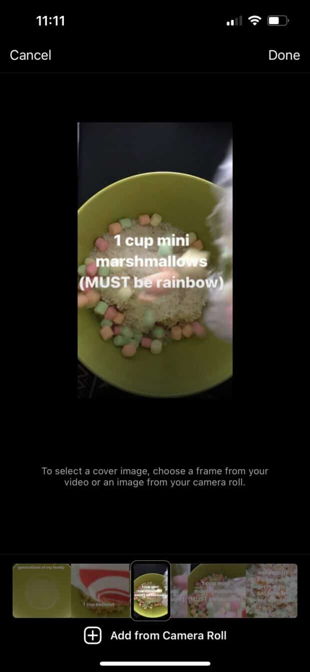 reel size for video of 1 cup mini rainbow marshmellows - instagram reel format