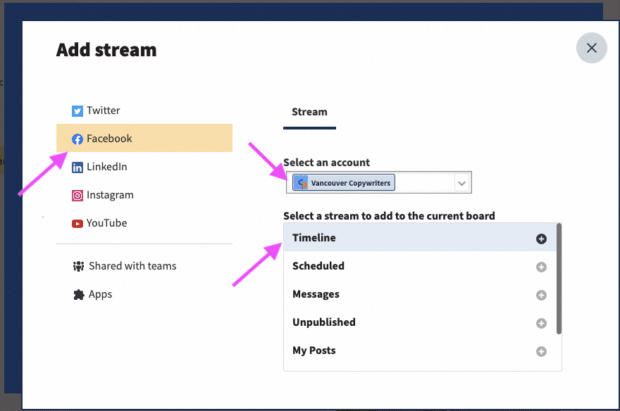 select stream to add to board timeline