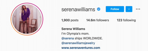 Instagram bio de la súper campeona de tenis Serena William