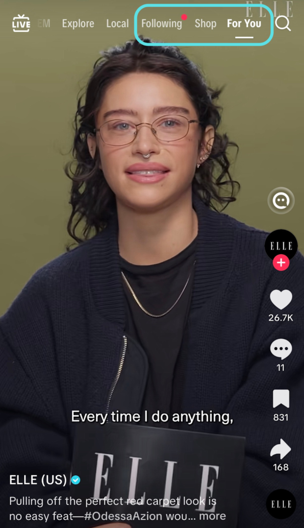 TikTok Home page featuring the For You and Following tabs