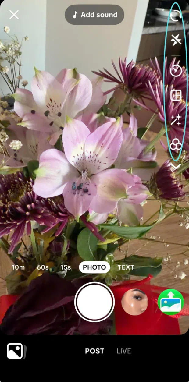TikTok recording screen highlighting the vertical video settings menu on the right side