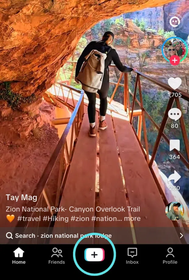 TikTok home screen with the plus (+) button in the bottom center navigation