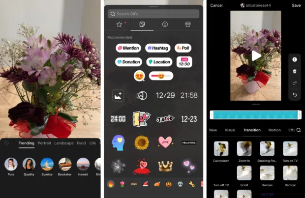 TikTok editing interface showing filters, stickers, and transitions