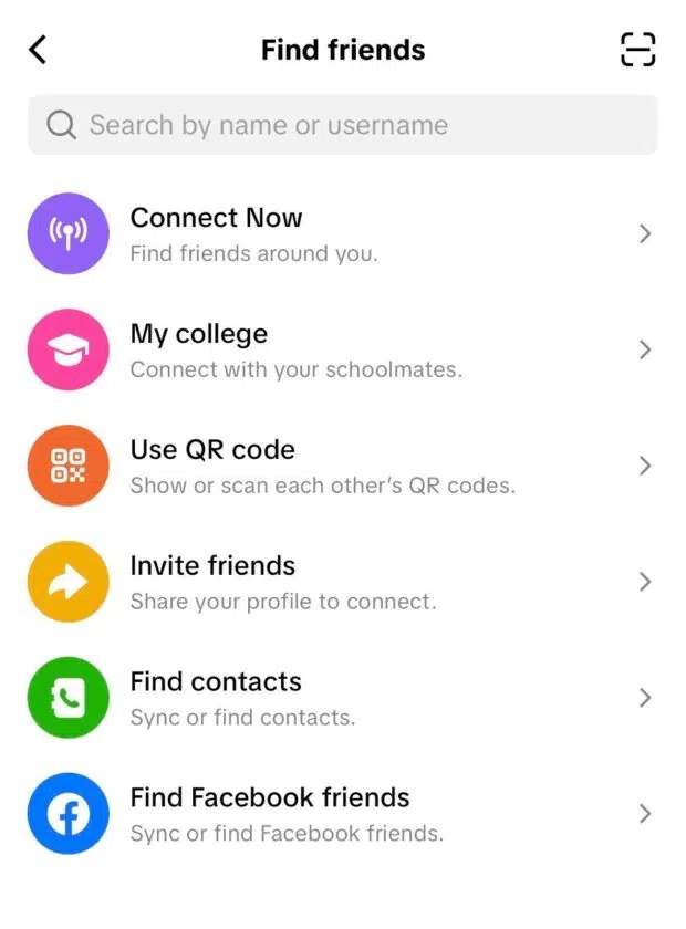 The Find Friends TikTok menu options