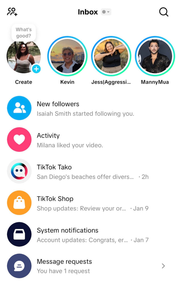 Inbox view in TikTok