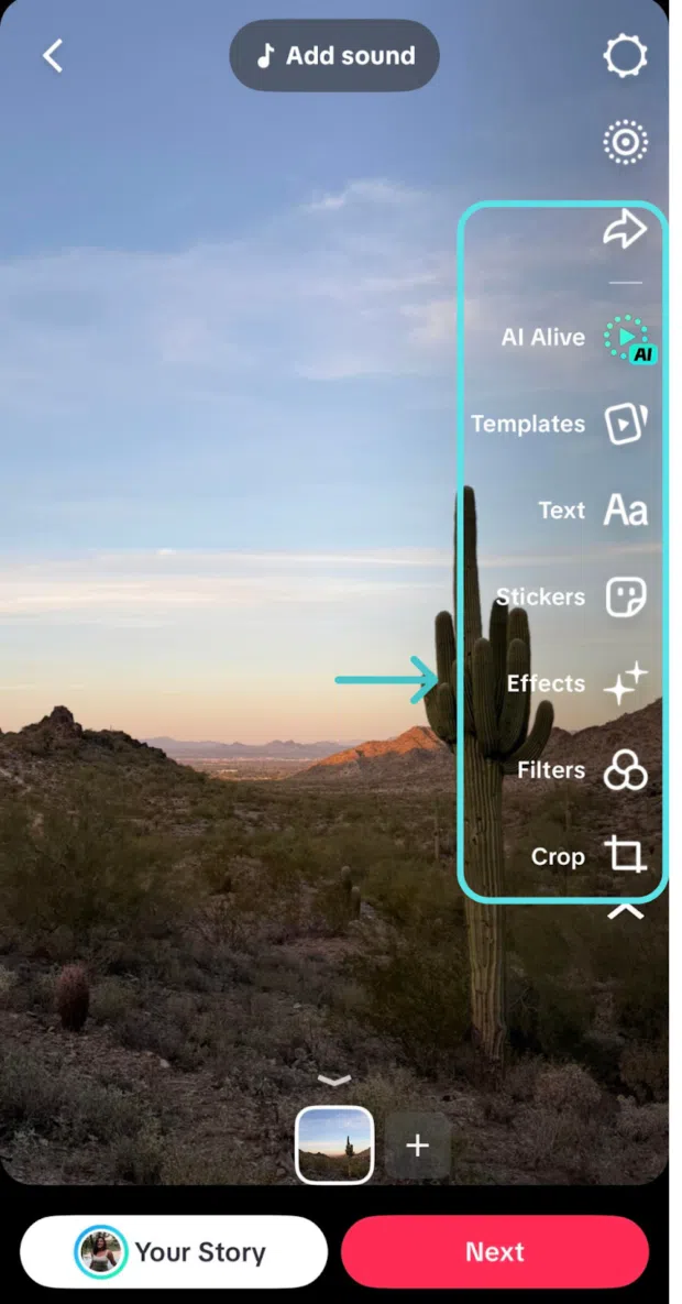 TikTok's editing menu featuring the Effects button