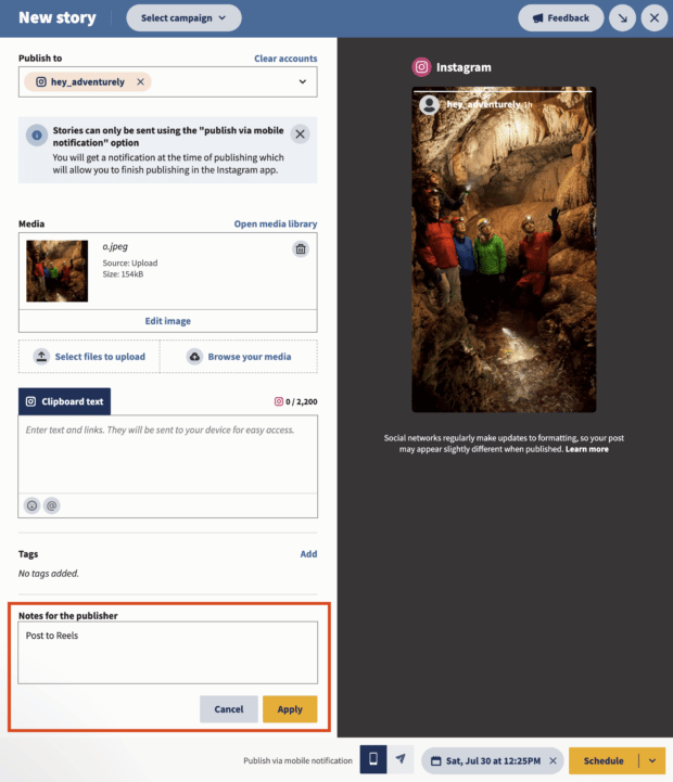 adding note for publisher to schedule reel in hootsuite