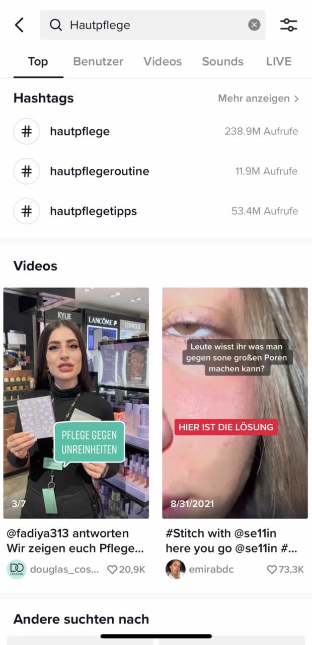 hashtags auf der entdecken seite finden