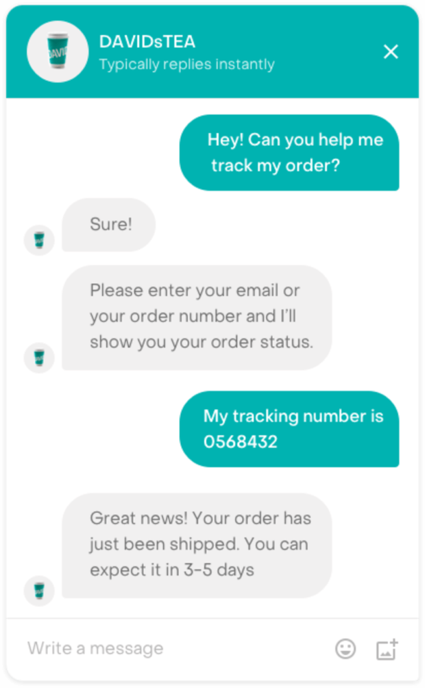 David's Tea live yack chatbot answering order inquiry