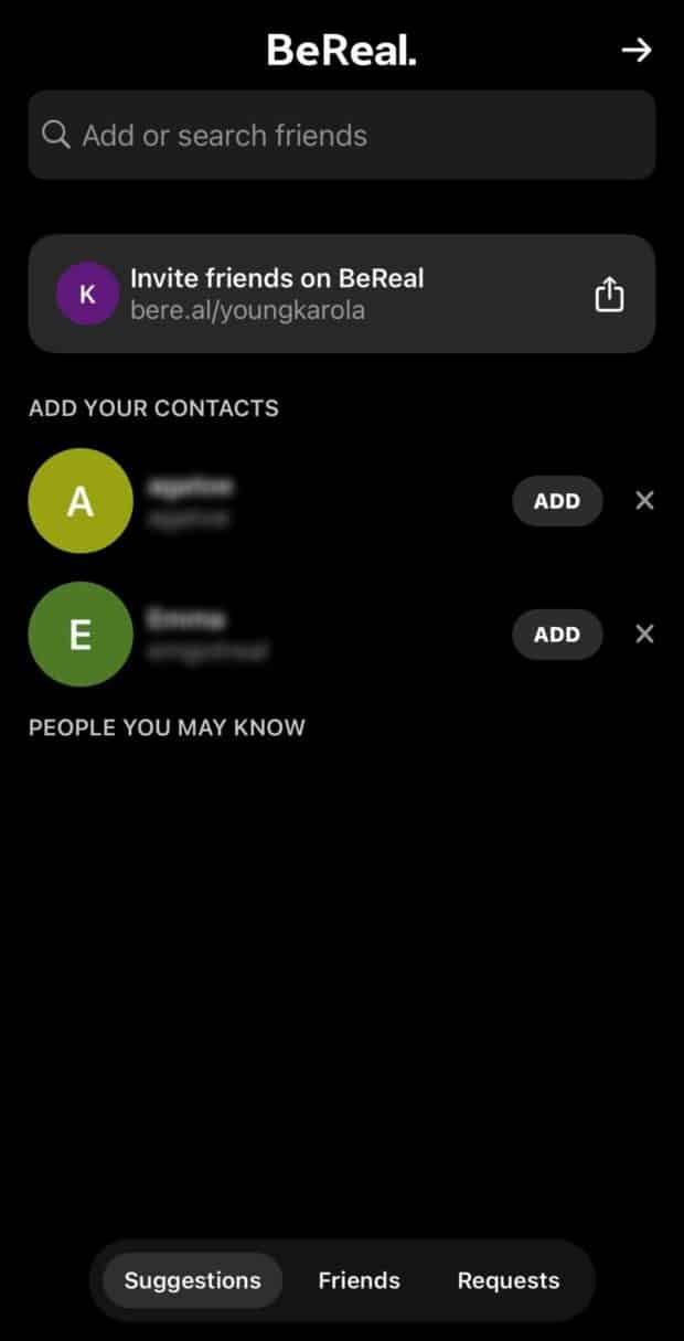 BeReal contact syncing