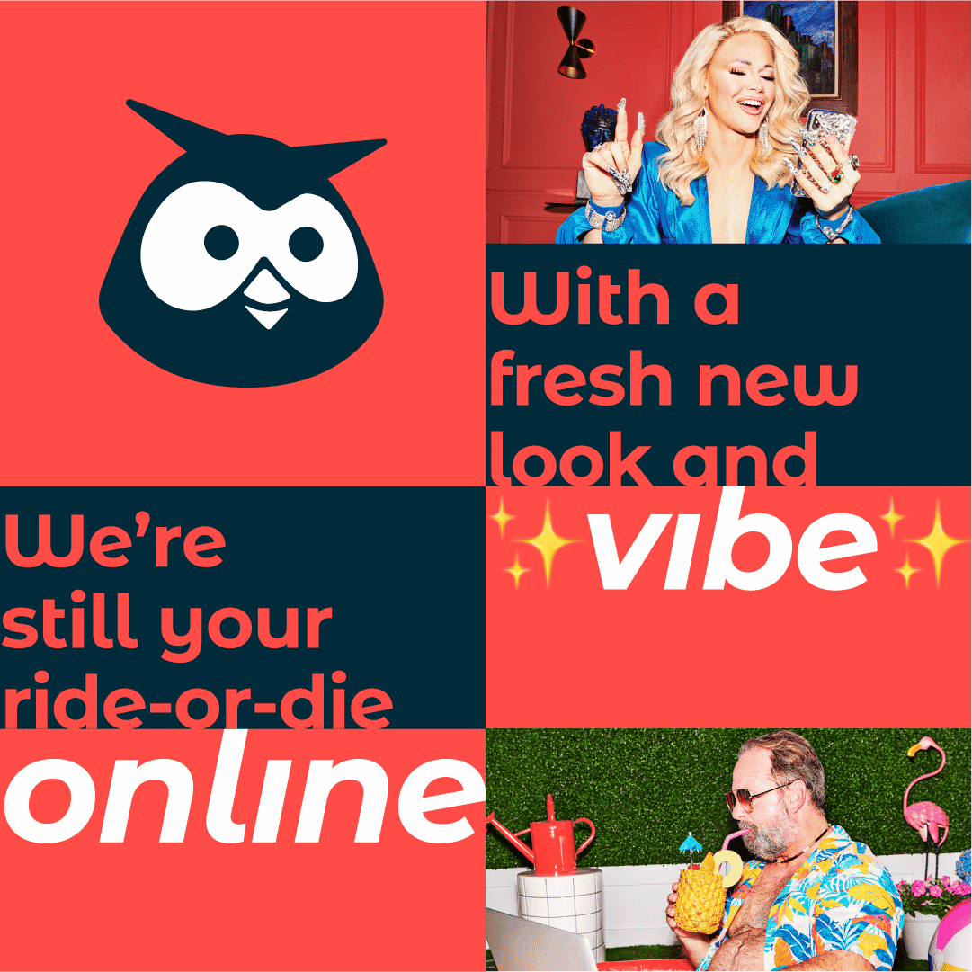 Collage of Owly, drag queen Blair St. Clair, and a man drinking from a pineapple in a pool. Text reads: “We’re still your ride-or-die online, with a fresh new look and vibe.”