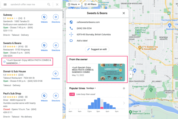 Oferta de almoço postada no perfil do Google Meu Negócio