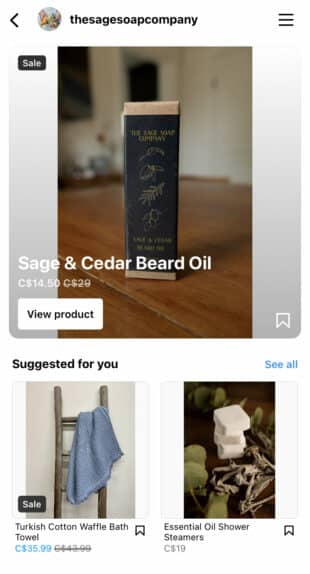 A screenshot of The Sage Soap Company's Instagram Shop, showing three products that are available in the shop.