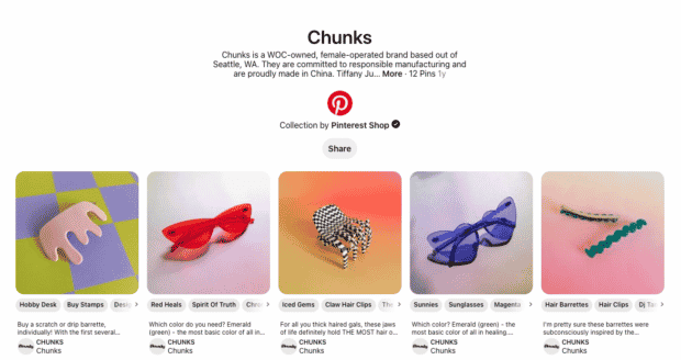 A screenshot of a Pinterest Store, Chunks. It shows the store name, bio and available products.