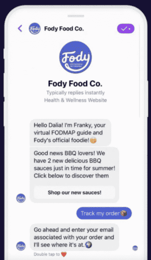 A screen shot of a conversation in direct message between a customer and a conversational AI chatbot for Fody Food Co.