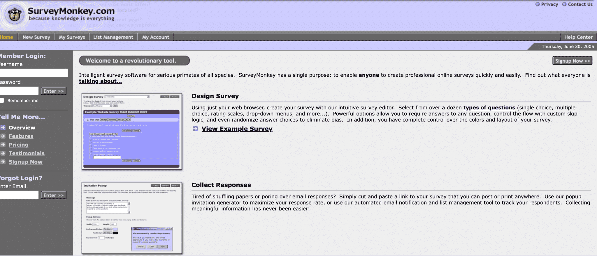 Captura de pantalla de la página de inicio de SurveyMonkey de 2005. El texto principal dice "Software de encuestas inteligente para primates serios de todas las especies".