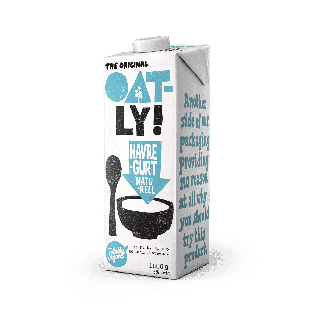 Abbildung eines Oatly-Joghurtkartons. Auf der Seite steht „eine andere Seite unserer Verpackung, die keinen Grund liefert, warum Sie dieses Produkt probieren sollten.”