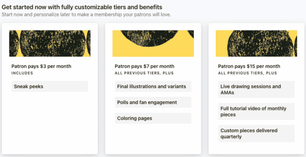 Patreon suggests tiers depending on the type of content you create